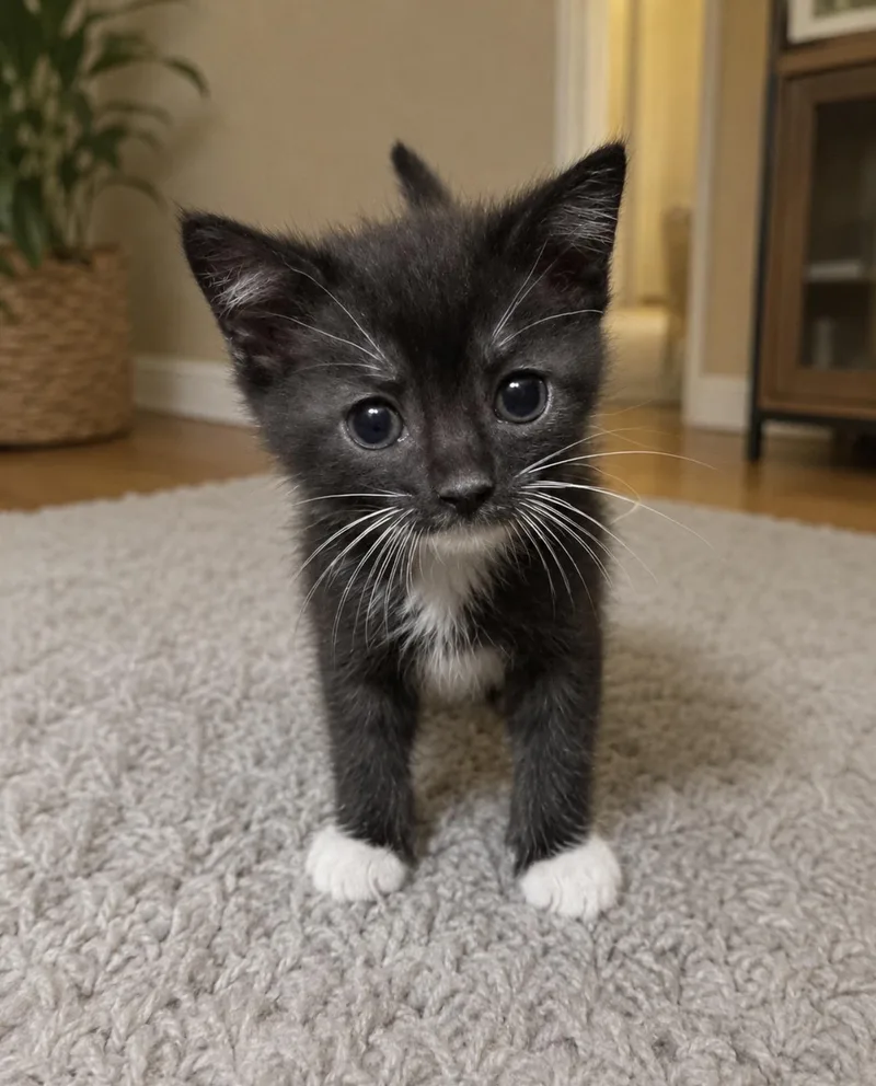 A baby medium-sized female Black & White / Tuxedo American Shorthair cat named Ruby for adoption in Grand Prairie, TX