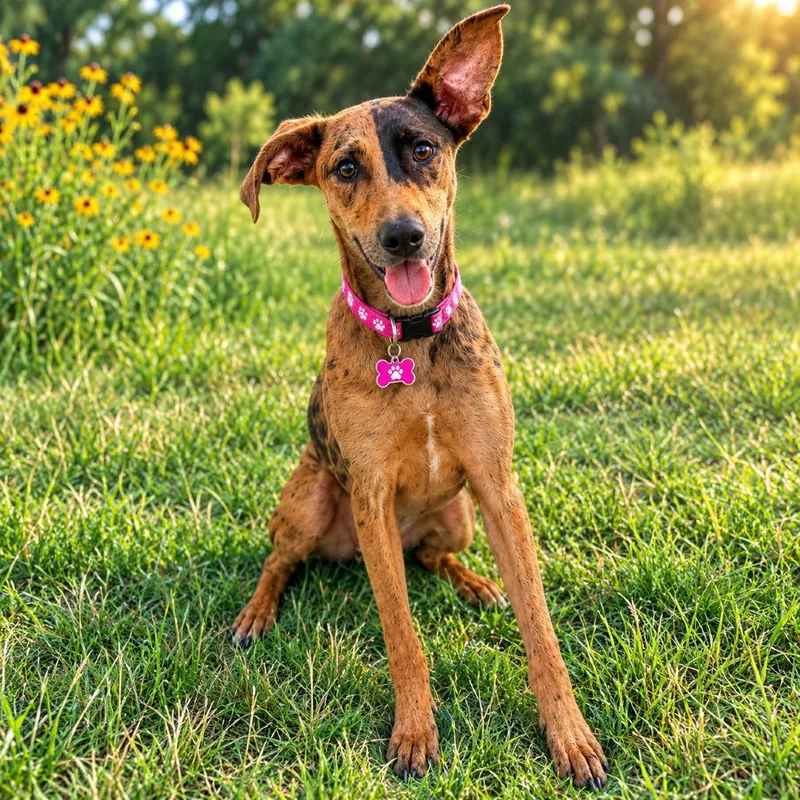 A baby medium-sized female Brown / Chocolate Catahoula Leopard Dog dog named Lana for adoption in Bastrop, TX