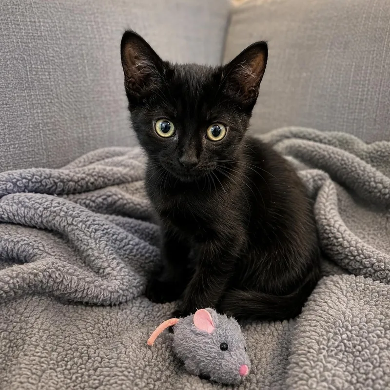 A baby medium-sized female Black Domestic Short Hair cat named Fern for adoption in Chandler, AZ
