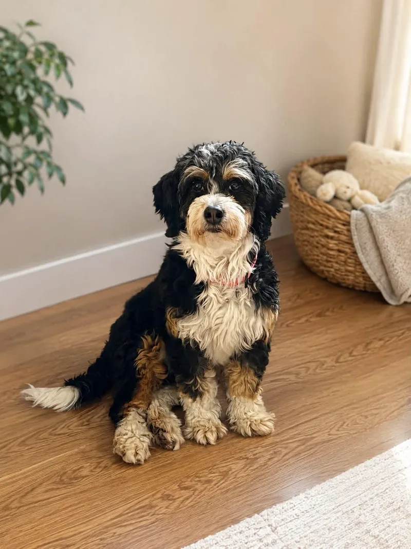 An adult medium-sized female Tricolor (Brown, Black, & White) Bernedoodle dog named Willow for adoption in Brunswick, ME