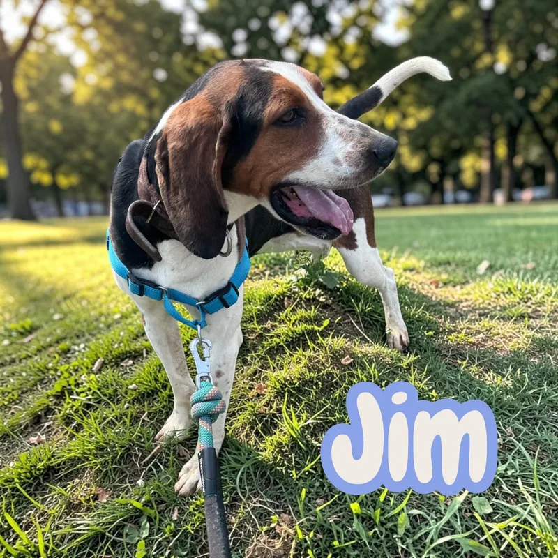 An adult medium-sized male Tricolor (Brown, Black, & White) Treeing Walker Coonhound dog named Jim  chained for for adoption in Chuckey, TN