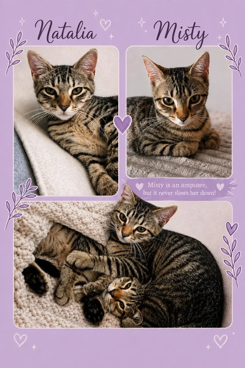 A young medium-sized female Tabby cat named Misty bonded w Natalia for adoption in Greenville, DE