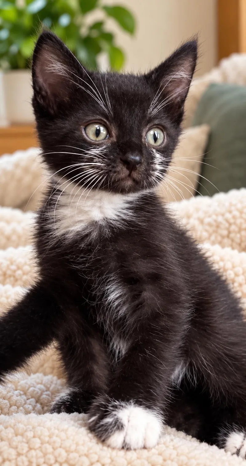 A baby medium-sized male Black & White / Tuxedo Domestic Short Hair cat named Whiskers for adoption in Santa Cruz, CA