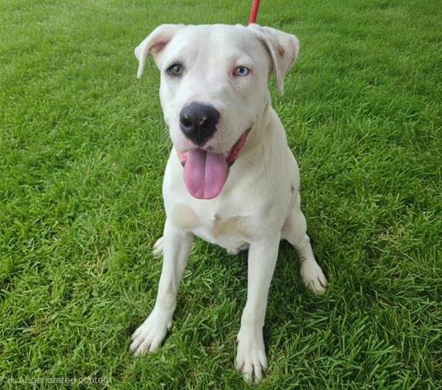 A young medium-sized male Dogo Argentino dog named Milano for adoption in Albuquerque, NM