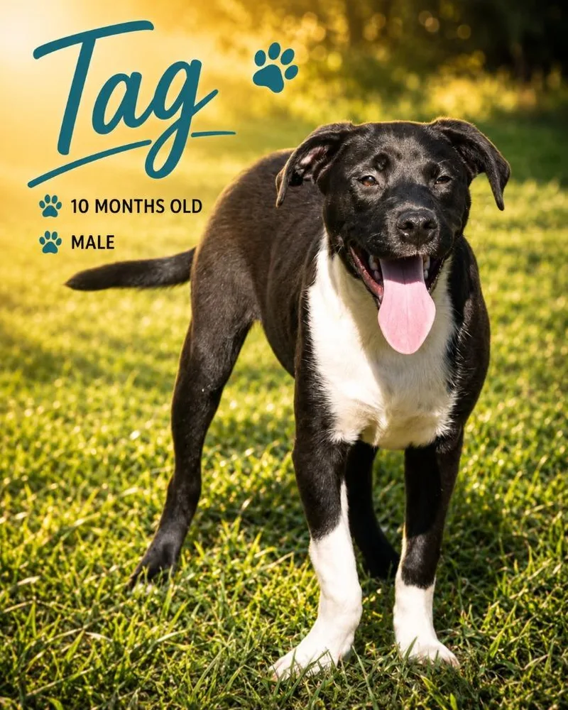 A baby medium-sized male Mixed Breed dog named Tag for adoption in Kingsland, GA