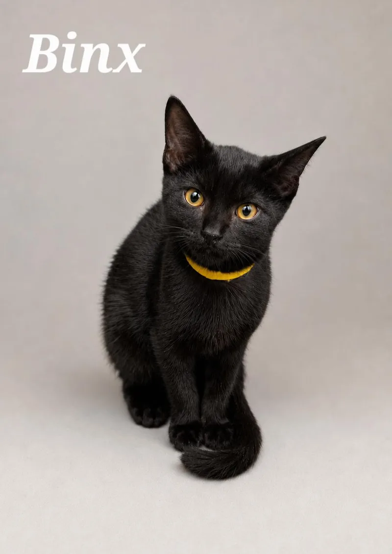 A baby medium-sized male Black Domestic Short Hair cat named Binx for adoption in Monroeville, PA