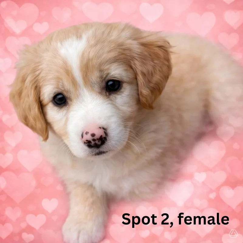 A baby medium-sized female Apricot / Beige Australian Shepherd dog named Spot for adoption in Aguanga, CA