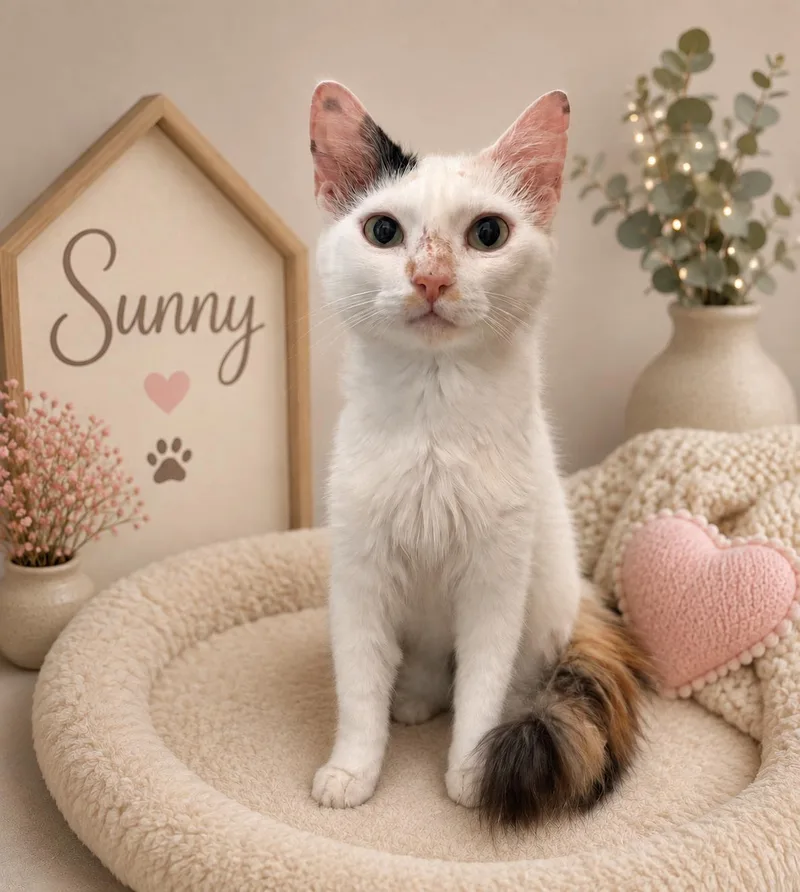 A young medium-sized female Calico cat named Sunny for adoption in Dickinson, TX