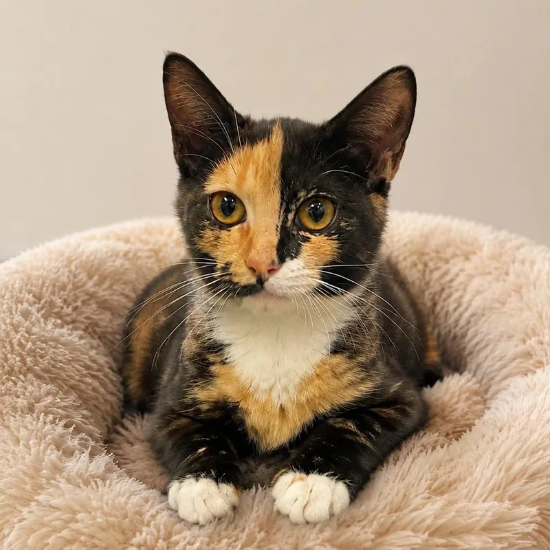 A baby medium-sized female Tortoiseshell Domestic Short Hair cat named Amy Pohler for adoption in Cranston, RI