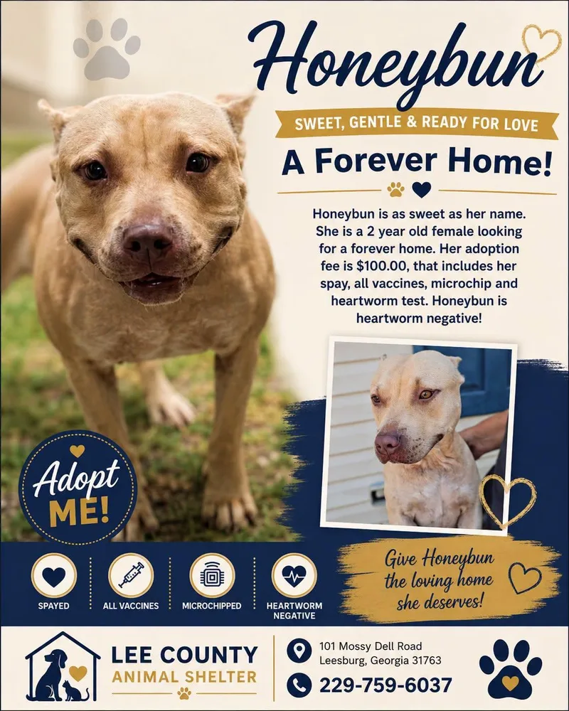 An adult medium-sized female Apricot / Beige Pit Bull Terrier dog named Honeybun for adoption in Leesburg, GA