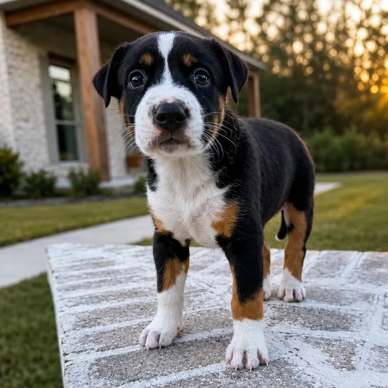A baby medium-sized female Black Greater Swiss Mountain Dog dog named Sadie for adoption in Baton Rouge, LA
