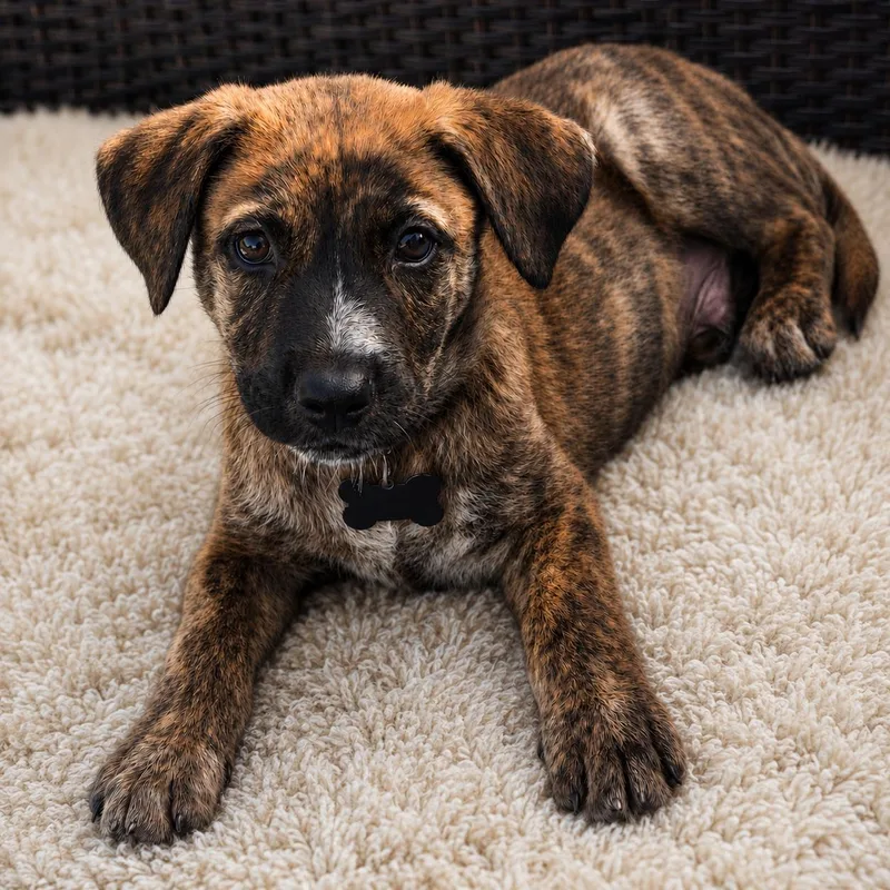 A baby medium-sized male Brindle Shepherd dog named Spruce for adoption in Houston, TX