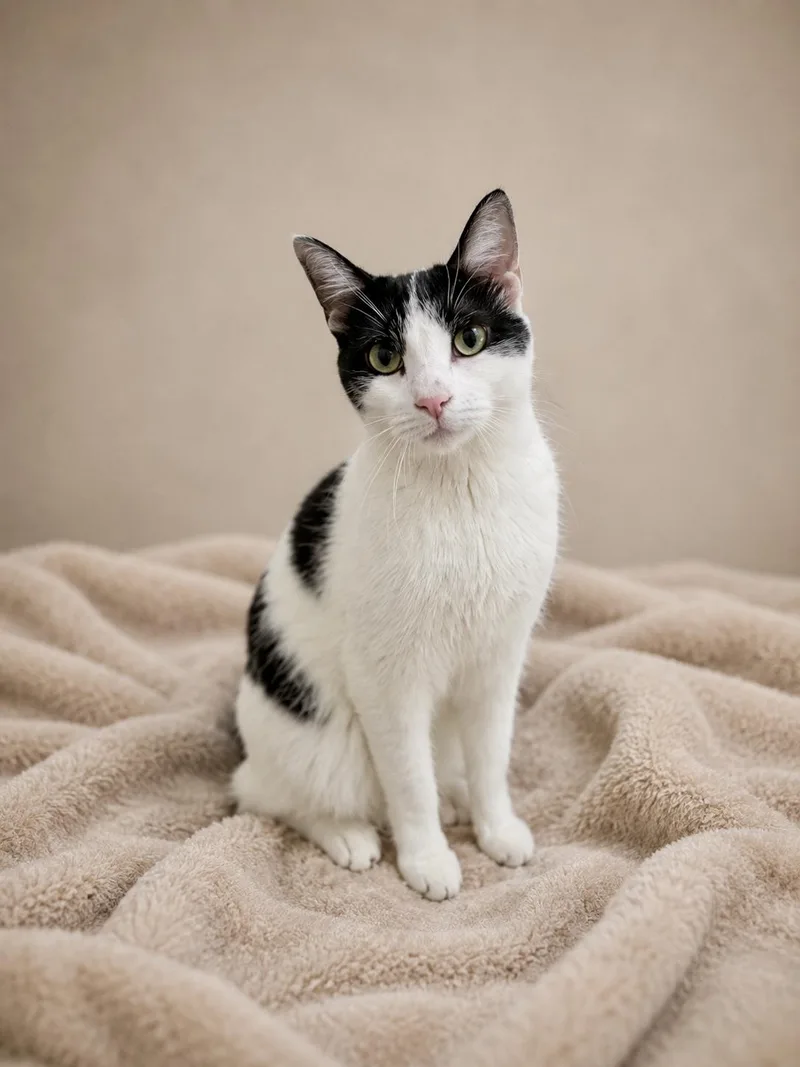 A young medium-sized female Black & White / Tuxedo Domestic Short Hair cat named Patchy for adoption in Copley, OH