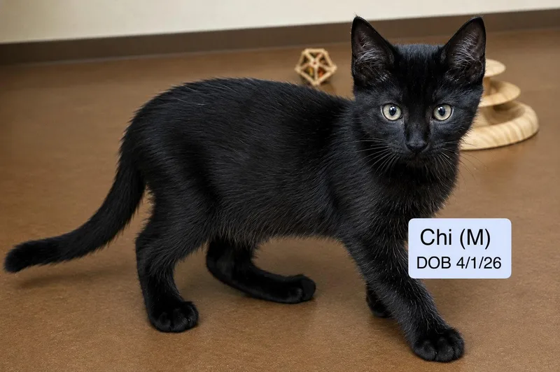 A baby medium-sized male Black Domestic Short Hair cat named Chi for adoption in Vacaville, CA