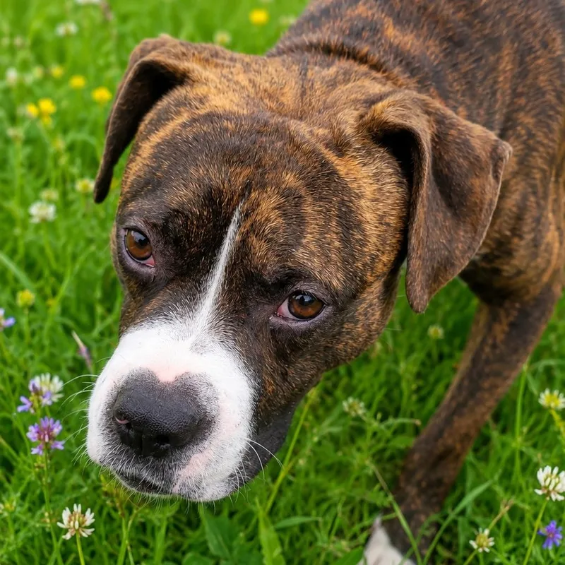 A young medium-sized male Brindle Boxer dog named Boscoe for adoption in Houston, TX