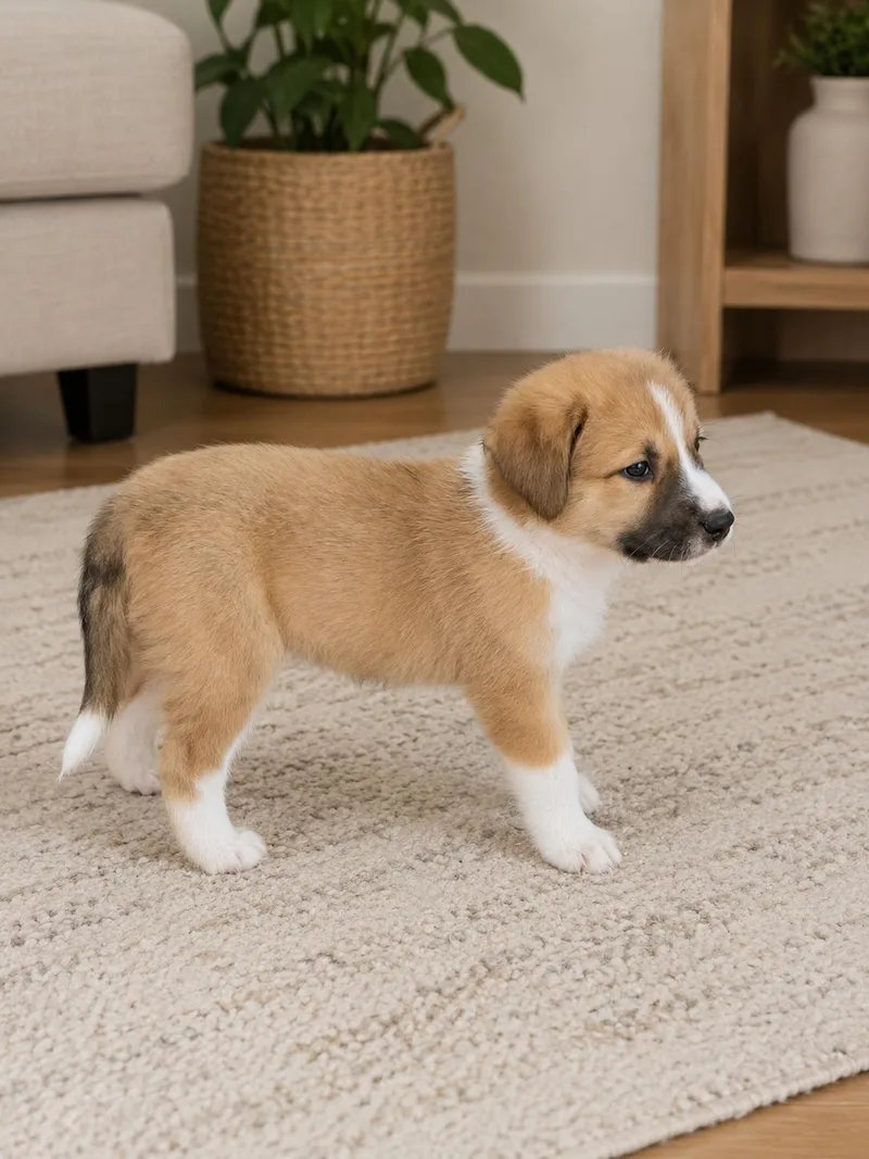 A baby medium-sized female Tricolor (Brown, Black, & White) Great Pyrenees dog named Andi for adoption in Greensboro, NC