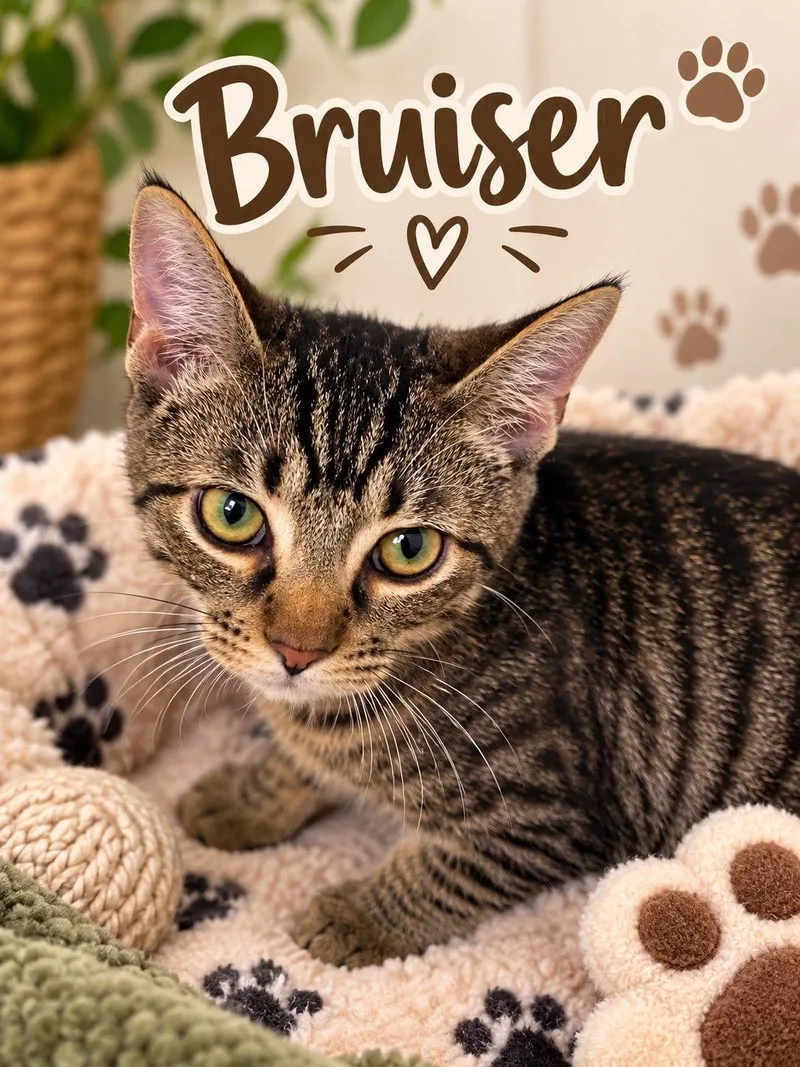 A baby medium-sized male Tabby cat named Bruiser for adoption in Midlothian, TX