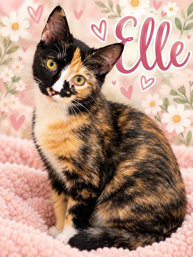 A baby medium-sized female Calico cat named Elle for adoption in Midlothian, TX