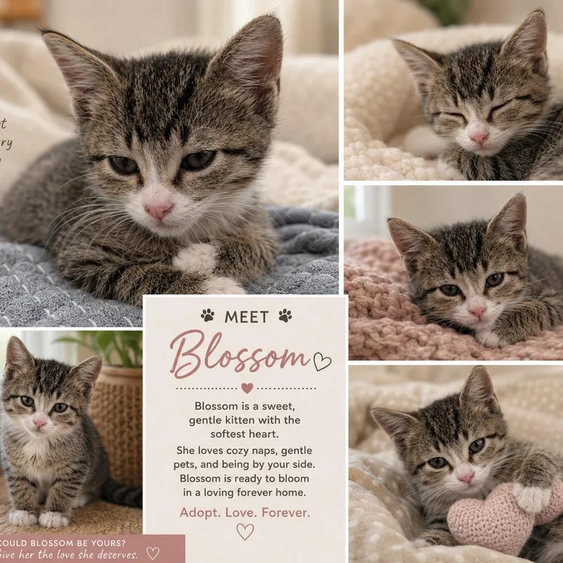 A baby small-sized female Tabby (Buff / Tan / Fawn) Domestic Short Hair cat named Blossom for adoption in Bentonville, AR