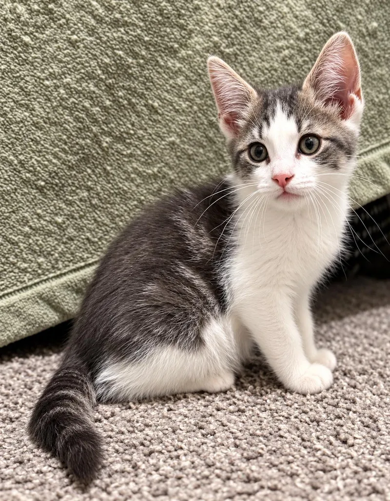 A baby medium-sized male Gray & White Domestic Short Hair cat named Onyx for adoption in Victor, NY