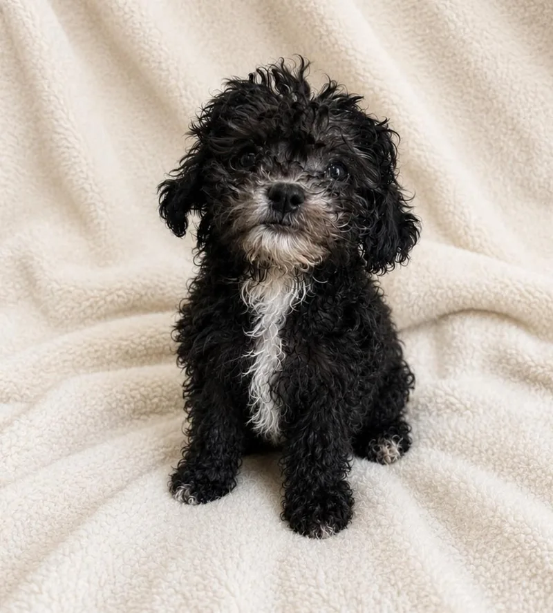 A baby small-sized male Black Poodle dog named Blackberry for adoption in Lathrop, CA