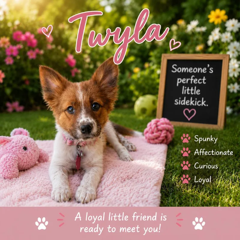 A baby small-sized female White / Cream Australian Shepherd dog named Twyla for adoption in Phoenix, AZ