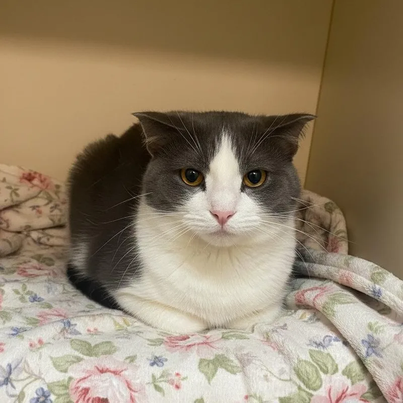 An adult medium-sized female Gray & White Domestic Short Hair cat named Dot for adoption in Elyria, OH